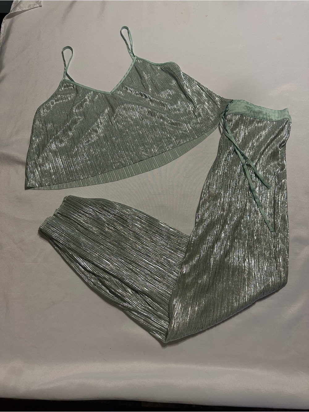 Victoria's Secret Metallic Mint Green Pleated Cami & Pants Sleep Set